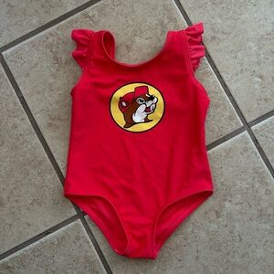 Buc-ees One Piece Swimsuit 13-18M Ruffle Sleeve Bow back logo front red